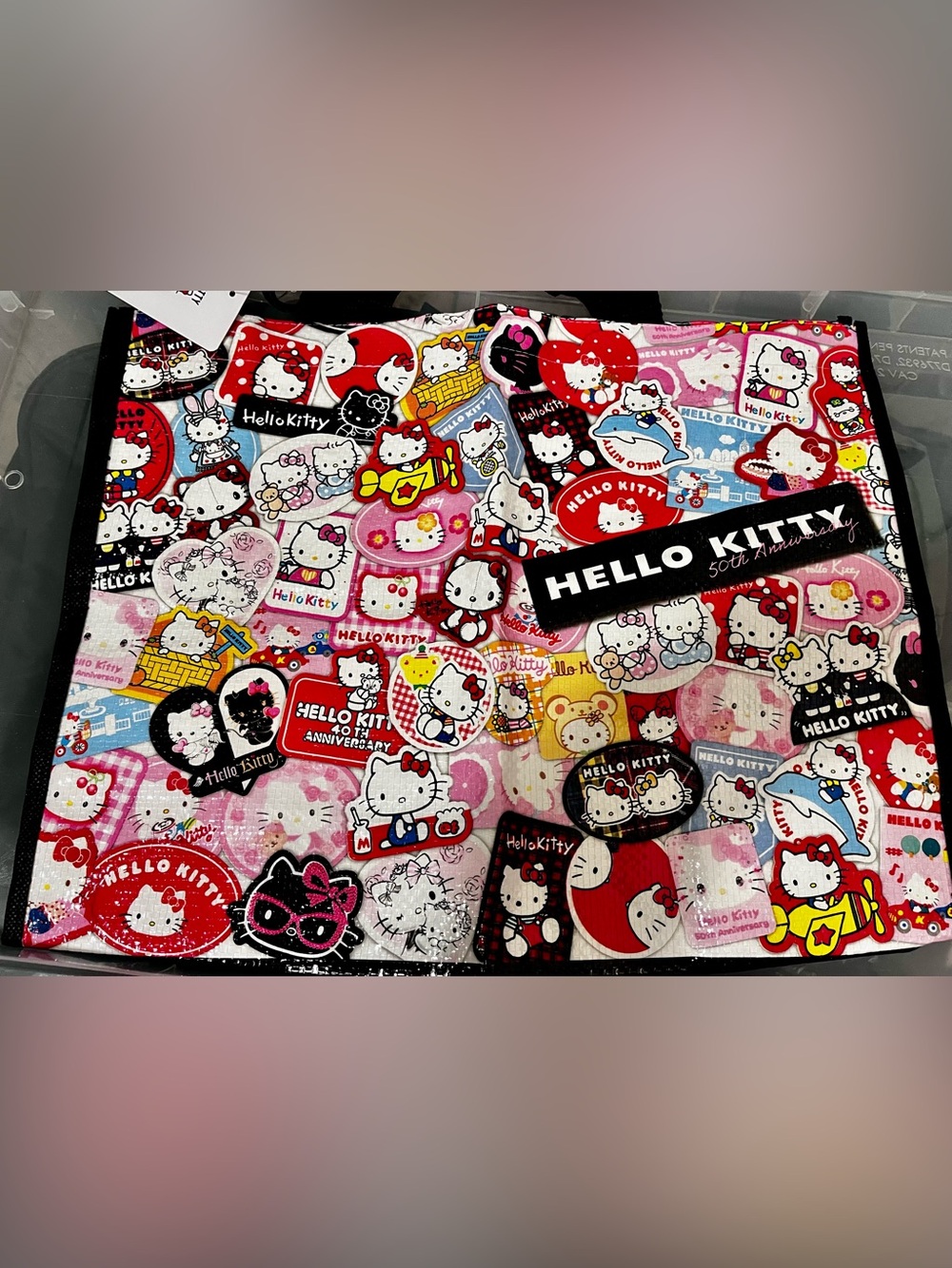 Hello Kitty Patchwork 50th Anniversary Tote Bag w/black accents.